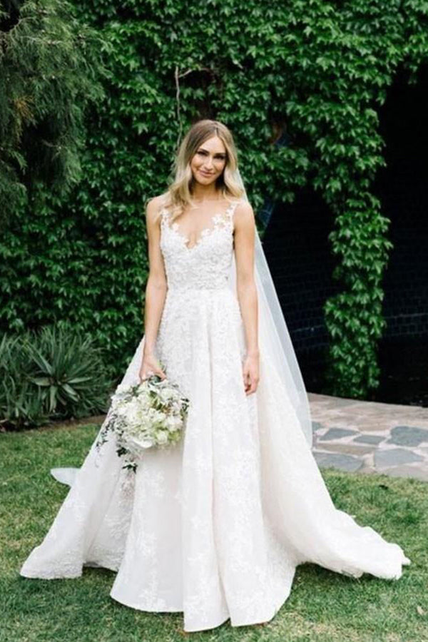 V-Neck A-Line Wedding Dress with Floral Beads Straps