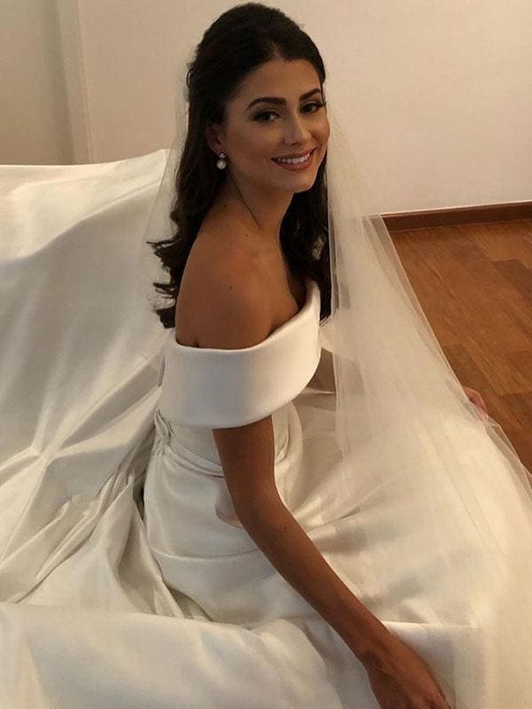A Line Satin Wedding Dresses Off The Shoulder Traditional Bridal Gowns