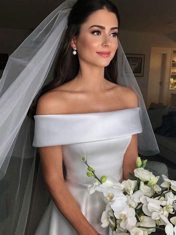 A Line Satin Wedding Dresses Off The Shoulder Traditional Bridal Gowns