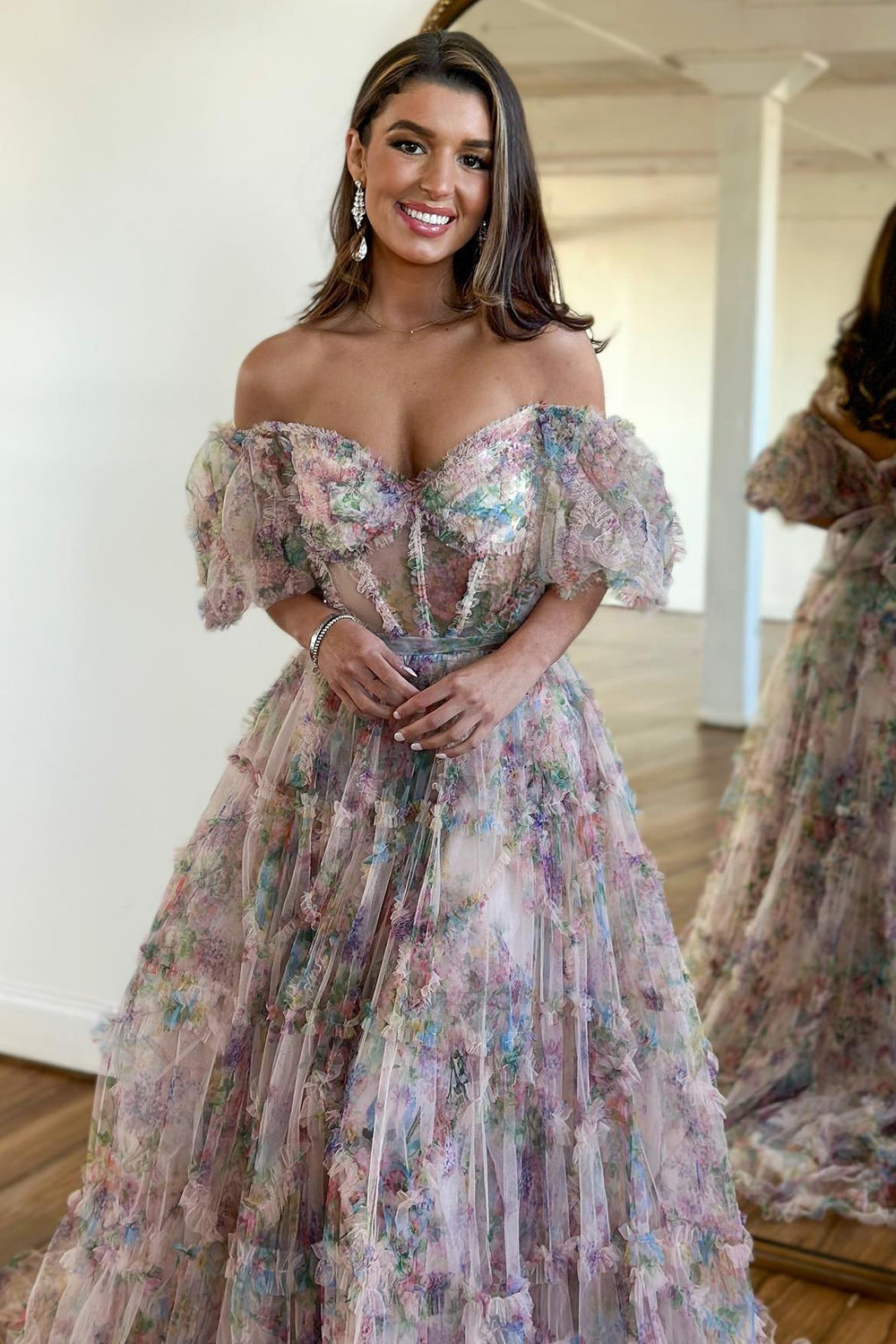 A Line Pink Green Flower Strapless Corset Tulle Long Prom Dress Off Shoulder
