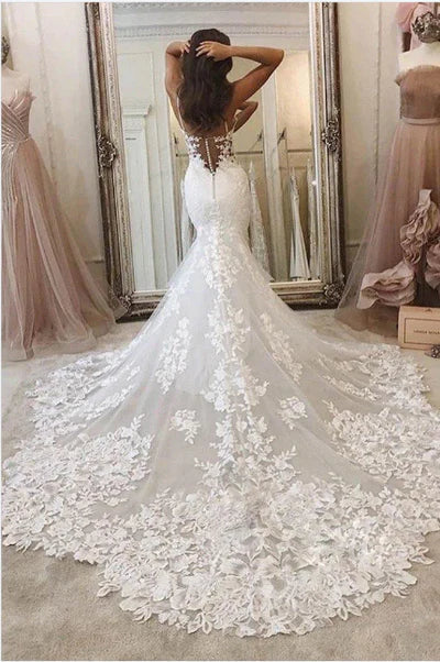Mermaid Lace White Wedding Dresses Spaghetti Straps Sexy Beautiful