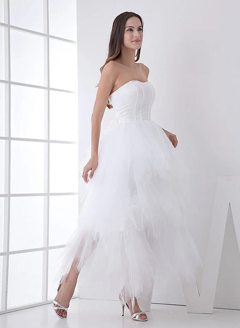 White Classic Strapless Satin High Low Wedding Dress Off Shoulder