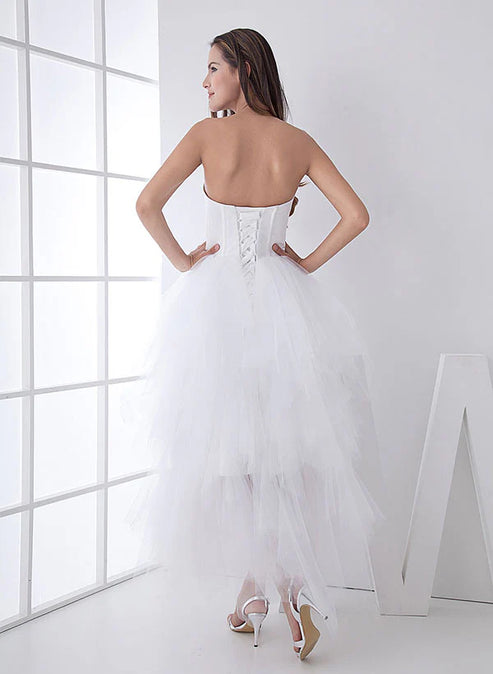 White Classic Strapless Satin High Low Wedding Dress Off Shoulder