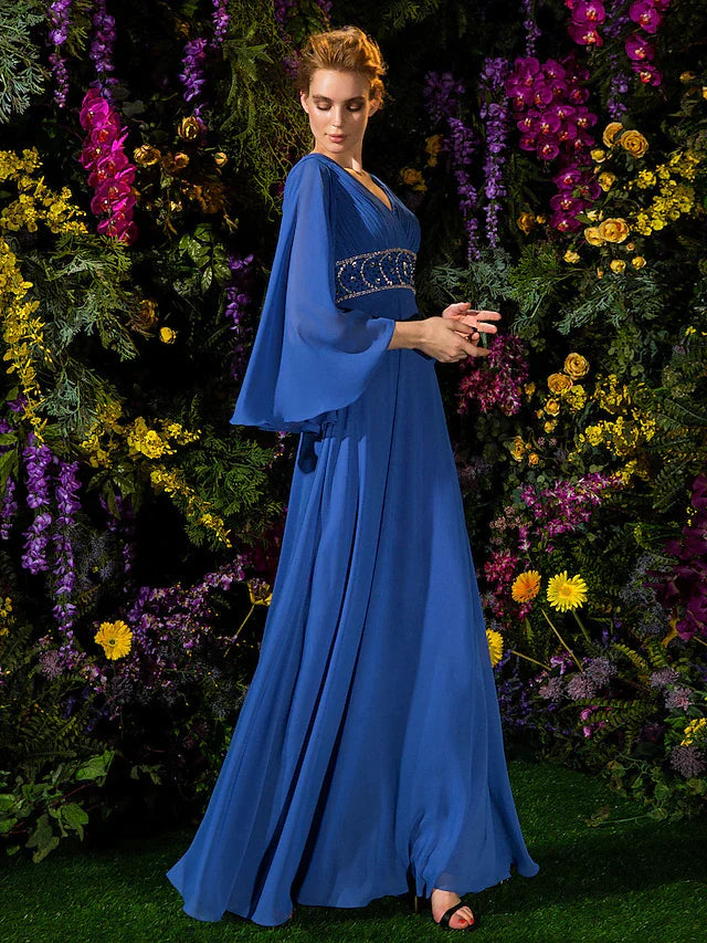 A-Line Mother of the Bride Dress Vintage Inspired V Neck Floor Length Chiffon Long Sleeve with Crystals Beading Side Draping