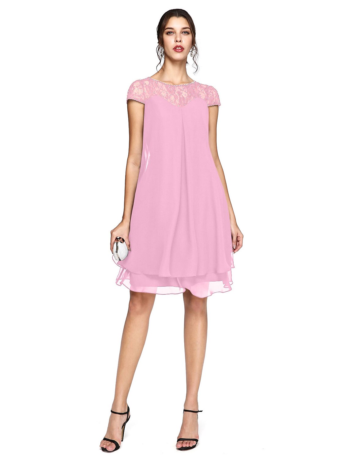 Aimishang A-Line Mother of the Bride Dress Plus Size Elegant Illusion Neck Knee Length Chiffon Lace Short Sleeve with Sequin