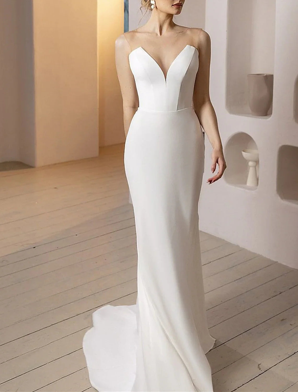 Aimishang Beach Glitter & Sparkle Wedding Dresses Mermaid / Trumpet Off Shoulder Cap Sleeve Court Train Satin Bridal Gowns With Solid Color