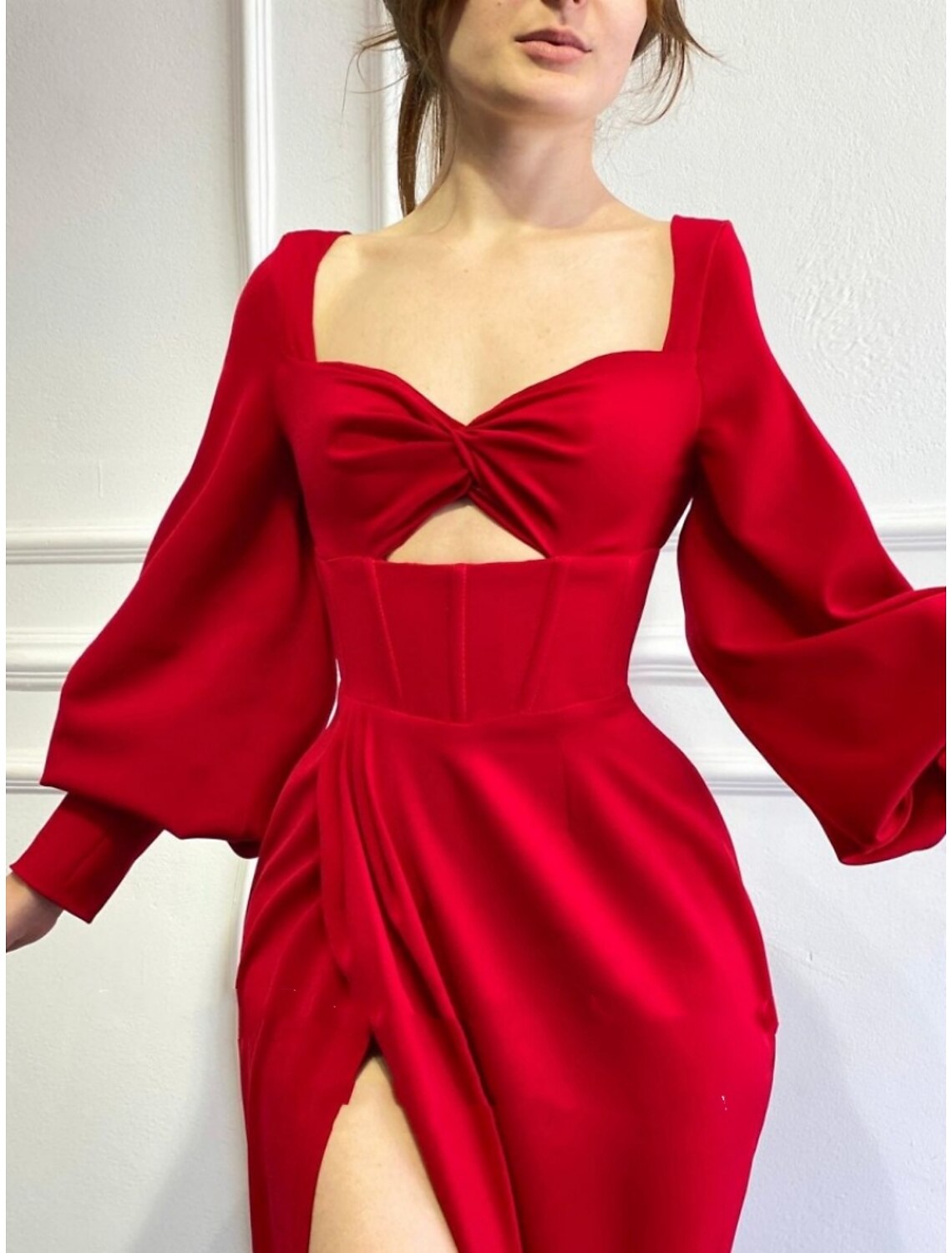 A-Line Evening Gown Sparkle & Shine Dress Party Wear Floor Length Long Sleeve Square Neck Fabric with Pleats Ruched Slit