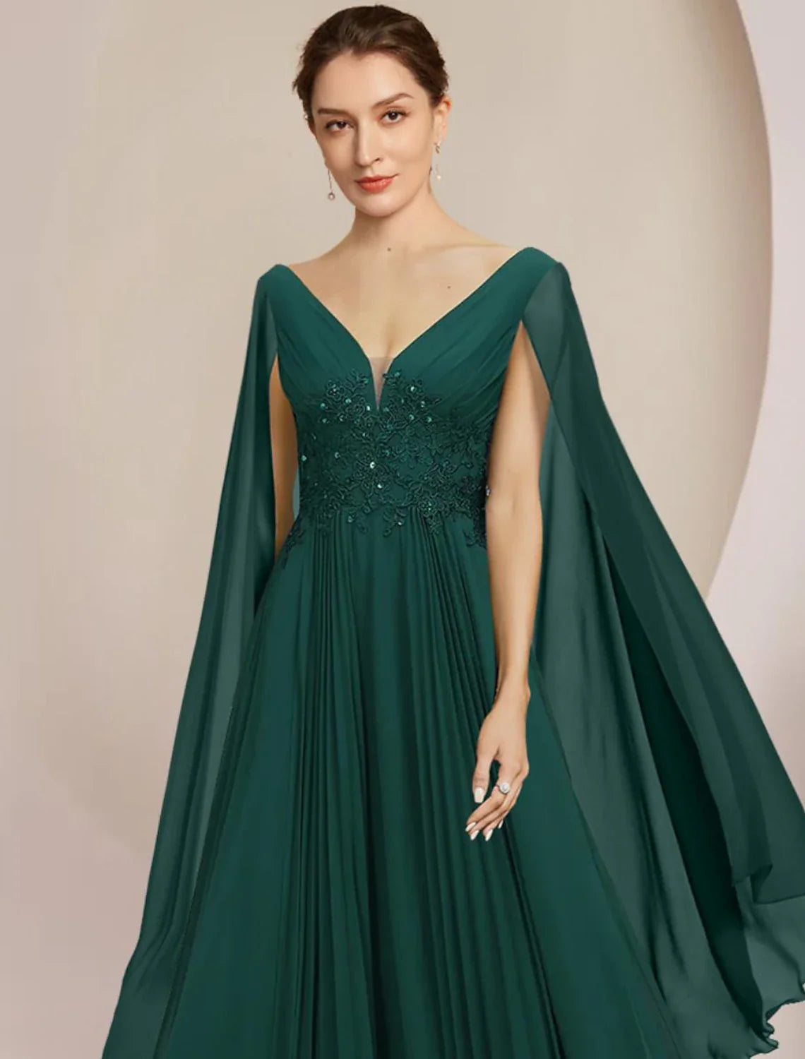 Aimishang A-Line Mother of the Bride Dress Formal Wedding Guest Elegant V Neck Floor Length Chiffon Lace Sleeveless with Pleats Sequin Appliques