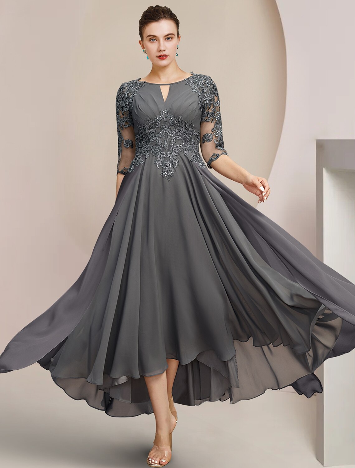 Aimishang A-Line Mother of the Bride Dress Formal Wedding Guest Elegant High Low Scoop Neck Tea Length Chiffon Lace Half Sleeve with Sequin Appliques