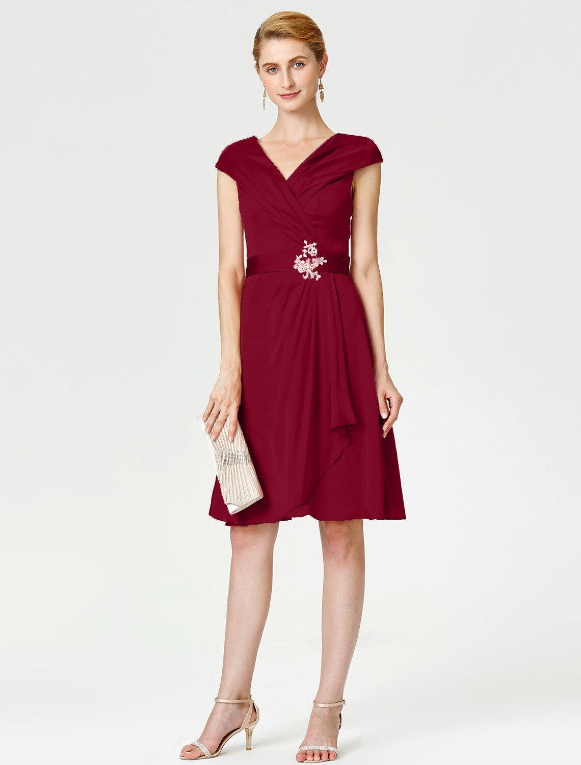 Aimishang A-Line Mother of the Bride Dress Elegant V Neck Knee Length Satin Chiffon Short Sleeve No with Sash / Ribbon Pleats Beading