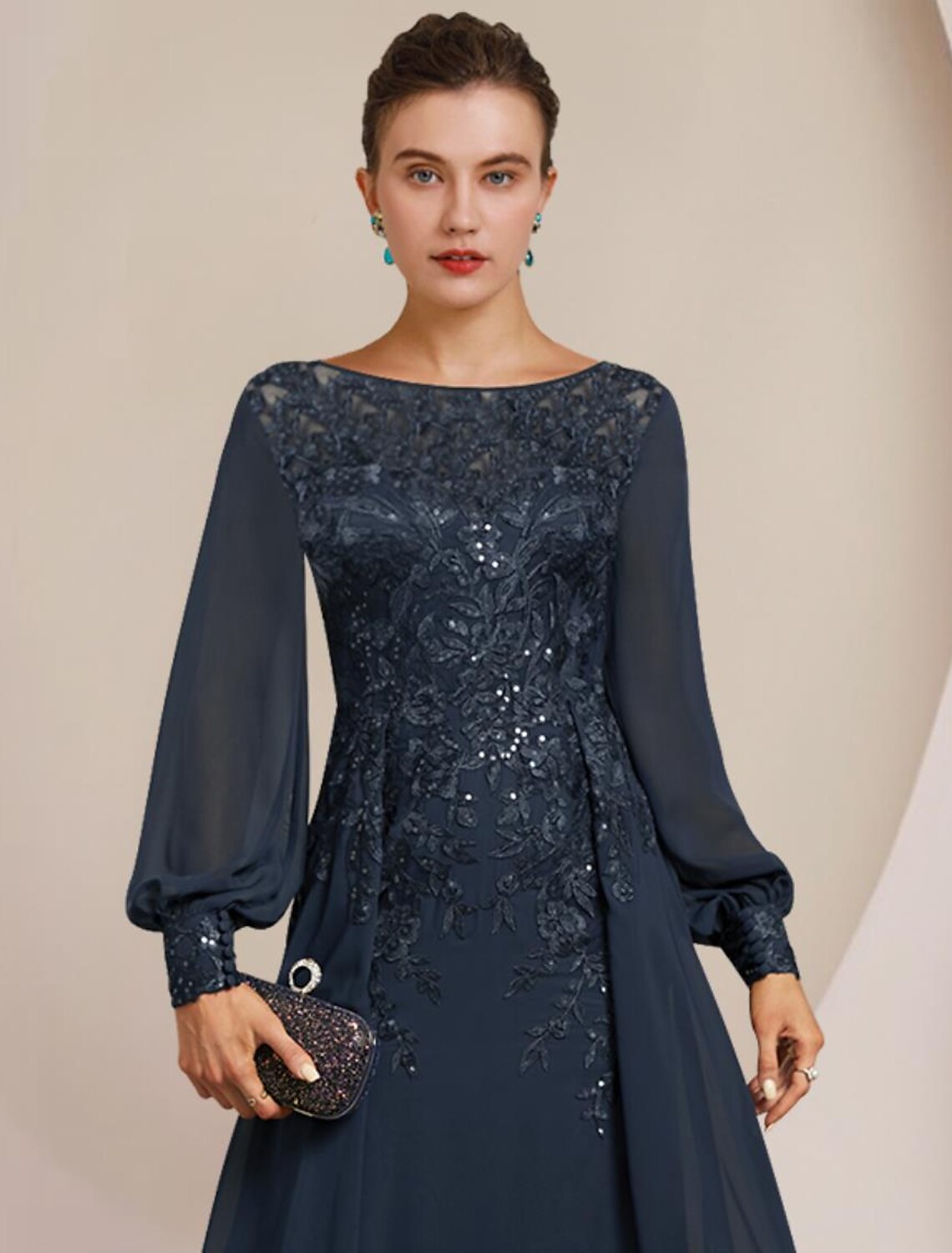 Aimishang Sheath / Column Mother of the Bride Dress Formal Wedding Guest Elegant Scoop Neck Floor Length Chiffon Lace Long Sleeve with Sequin Appliques