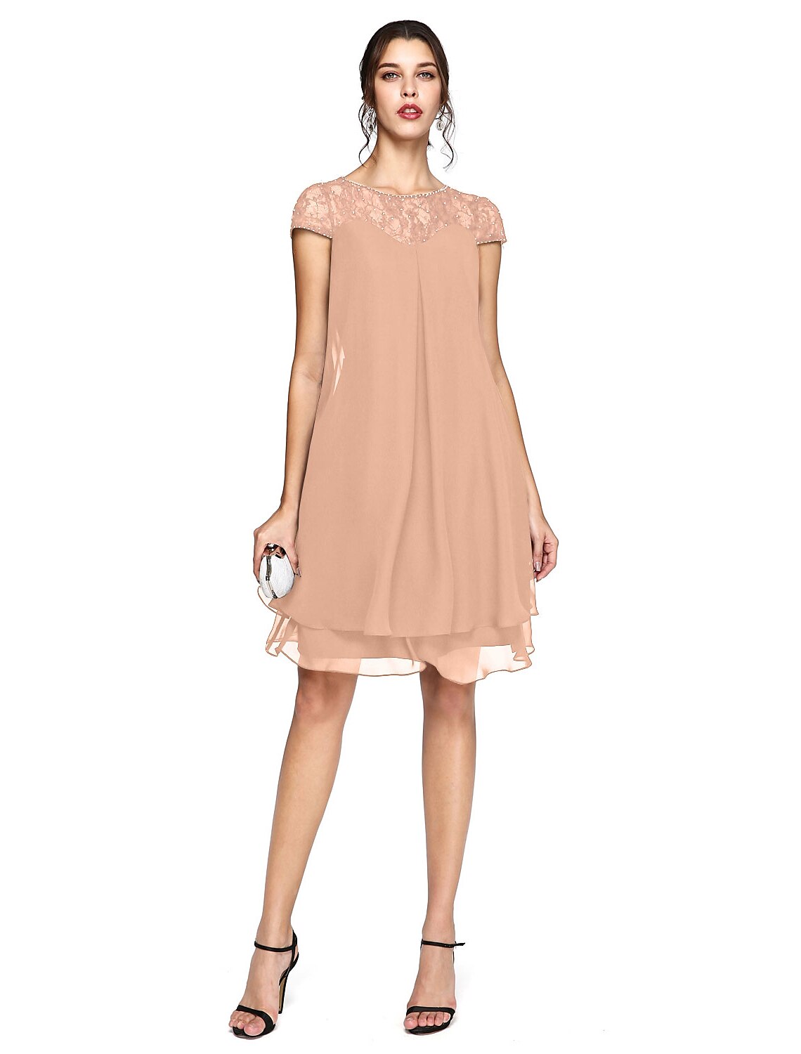 Aimishang A-Line Mother of the Bride Dress Plus Size Elegant Illusion Neck Knee Length Chiffon Lace Short Sleeve with Sequin