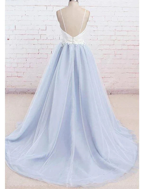 Spaghetti Straps Sweep Train Backless Light Blue Tulle Prom Dress Evening Dress OL589