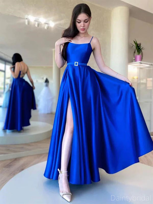 Simple Royal Blue Spaghetti Straps A-line Long Prom Dresses Evening Dress with Side Slit, OL964