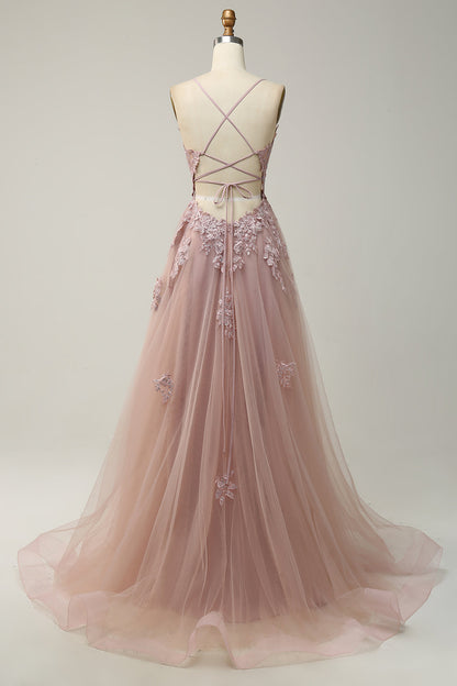 A Line Spaghetti Straps Grey Blue Long Prom Dress with Appliques Sexy
