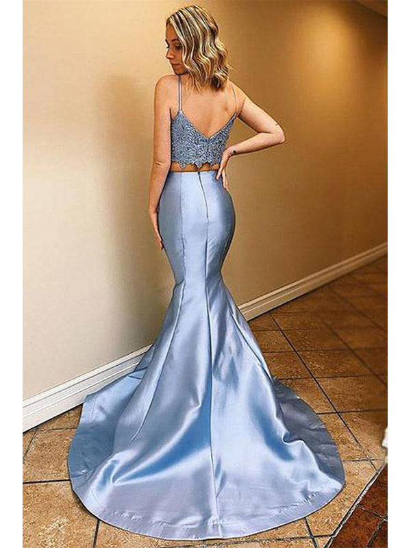Two Pieces Blue Lace Mermaid Prom Dresses Satin Evening Dresses, OL696
