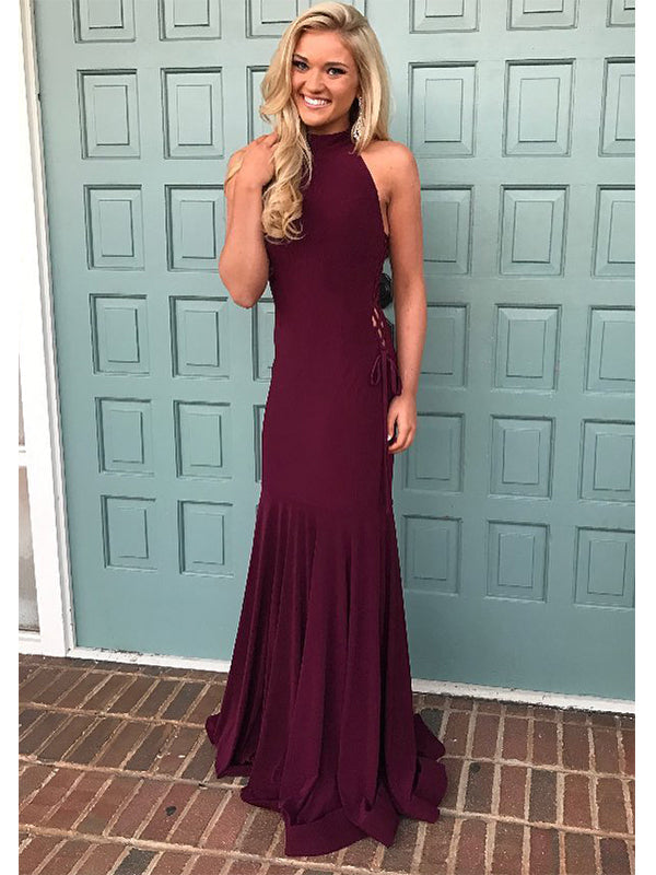 Halter Lace Up Mermaid Sleeveless Floor Length Prom Dress Evening Dress, OL721