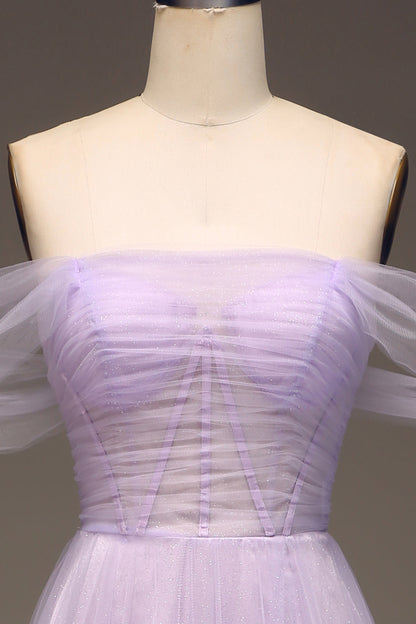 Lilac A Line Long Corset Prom Dress Off Shoulder