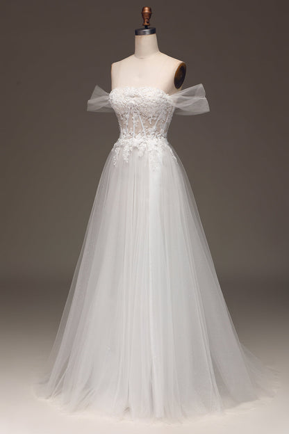 White A Line Long Corset Prom Dress With Appliques Off Shoulder