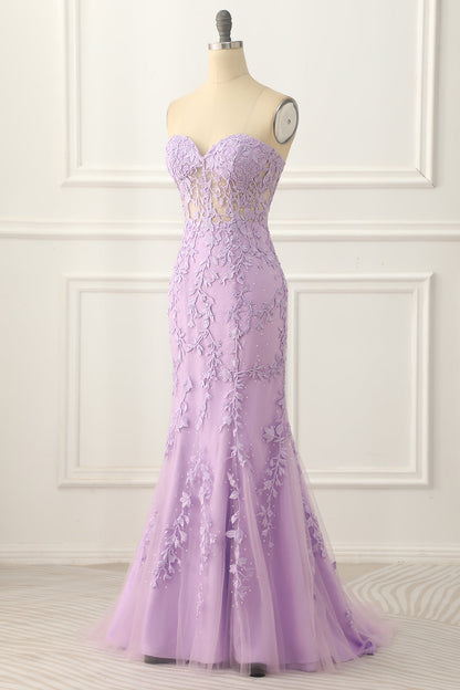 Lavender Strapless Mermaid Prom Dress With Appliques Off Shoulder Long