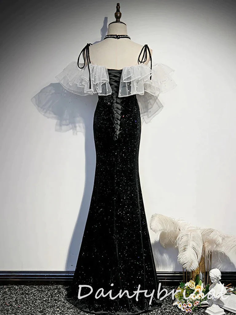 Elegant Black Spaghetti Straps Off the Shoulder Mermaid Long Prom Dresses Evening Dress, OL885