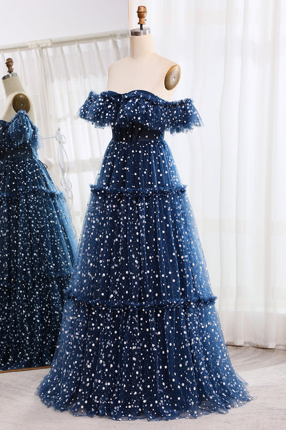 Navy Off The Shoulder Corset Long Tull Prom Dress Sexy