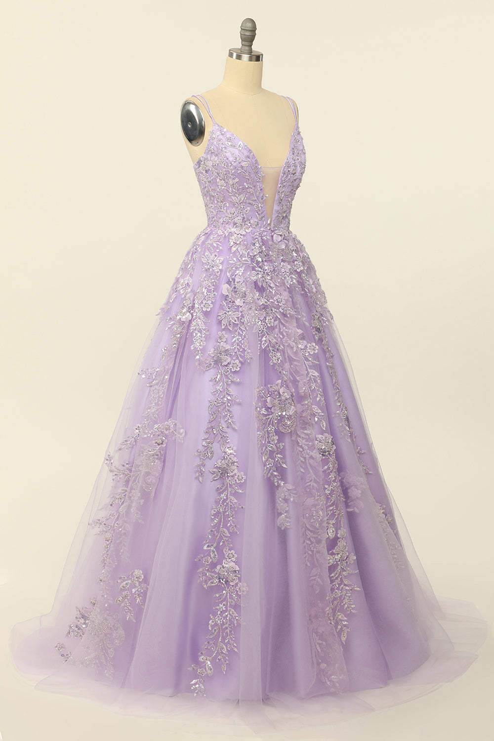 Light Purple Spaghetti Straps Prom Dress With Appliques V-neck Sexy