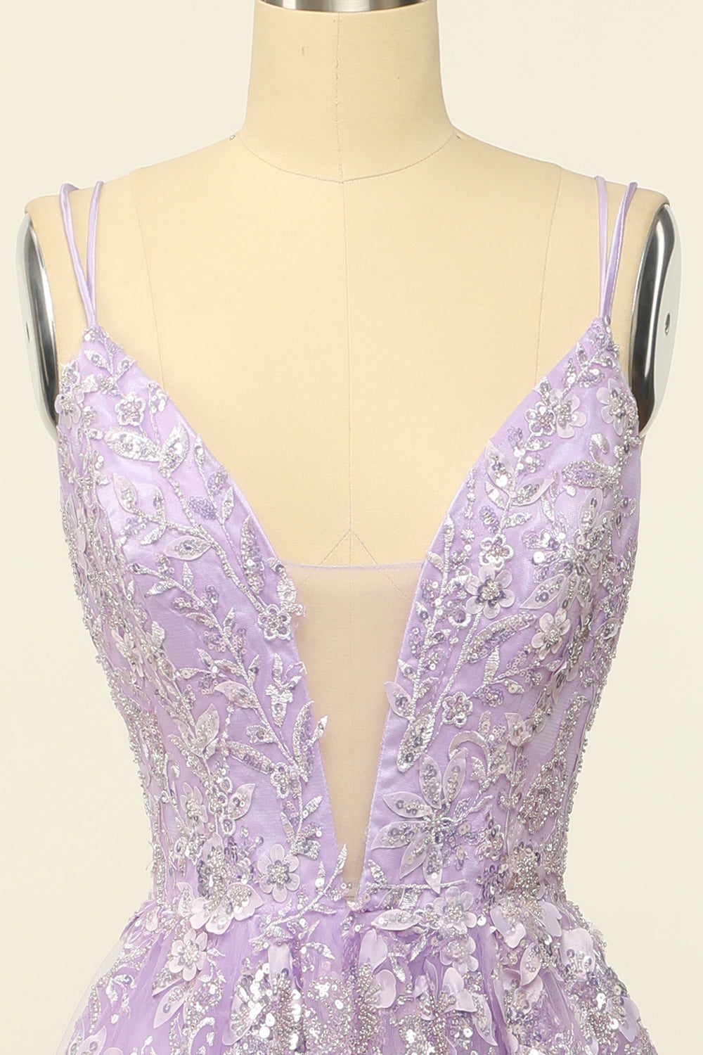 Light Purple Spaghetti Straps Prom Dress With Appliques V-neck Sexy