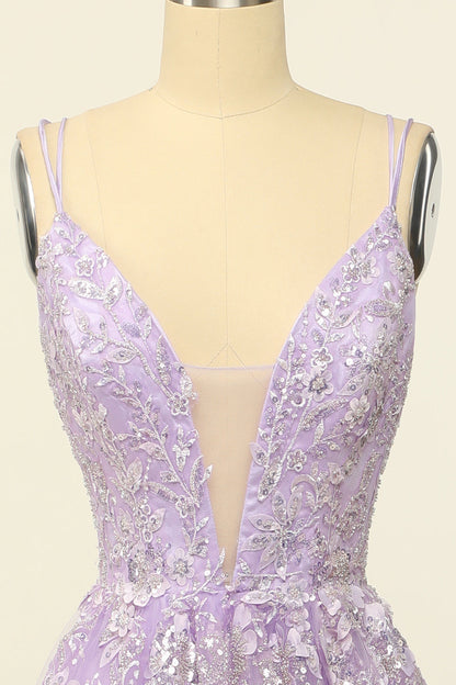 Light Purple Spaghetti Straps Prom Dress With Appliques V-neck Sexy