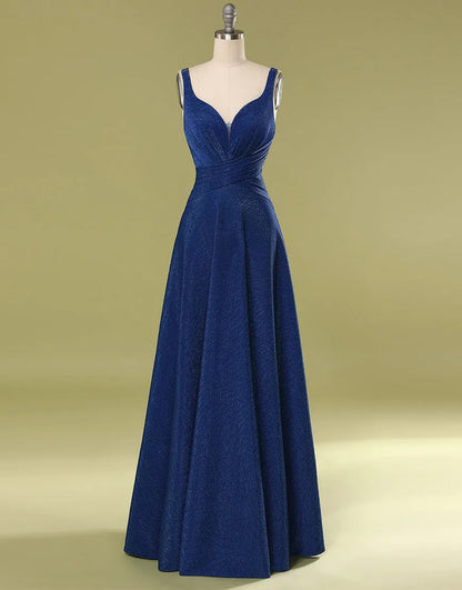 A-Line V-Neck Long Glitter Prom Dress With Pleating Pure Color Sexy