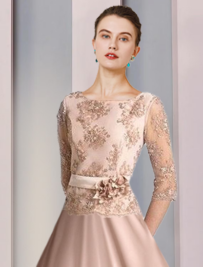 A-Line Mother of the Bride Dress Formal Wedding Guest Vintage Party Elegant Scoop Neck Satin Lace Half Sleeve with Flower