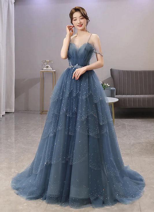 Blue Tulle Sweetheart Beaded Straps A-line Junior Prom Dress, Blue Long Evening Dress