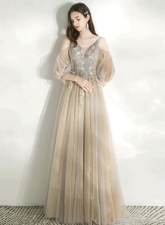Light Champagne V-neckline Party Dress, A-line Long Prom Dress Evening Dress