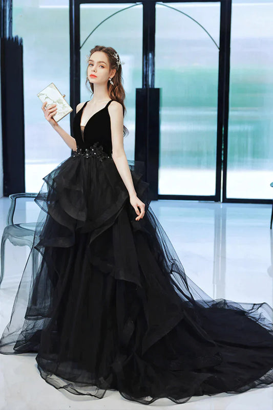 Black Straps V-neckline Tulle Long Party Dress, Black Low Back Prom Dress Formal Dress