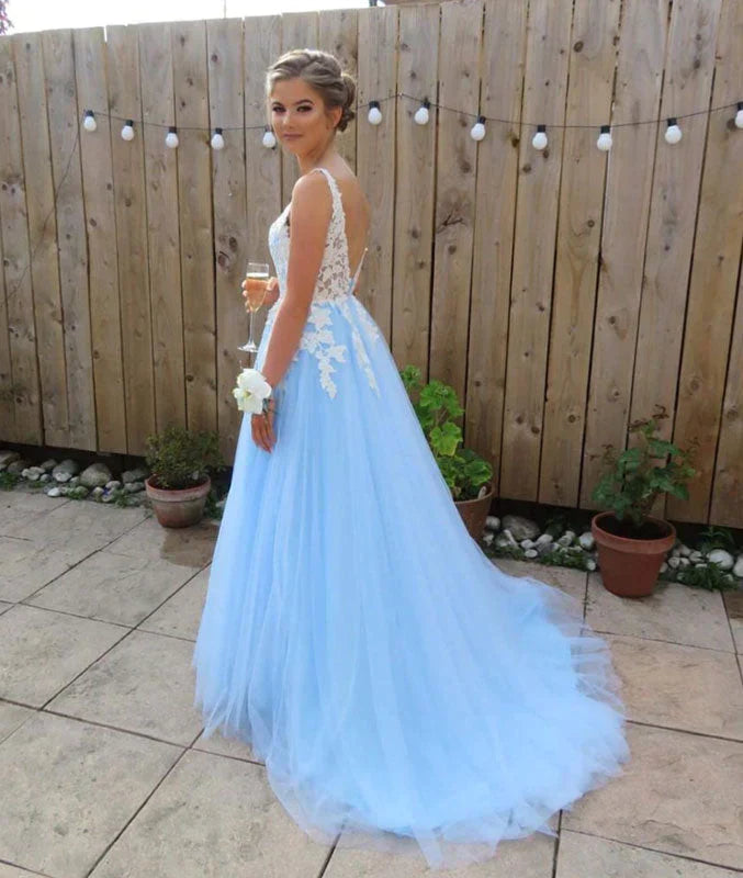 Pretty Light Blue Tulle with Lace Long Party Dress, A-line Light Blue Prom Dress