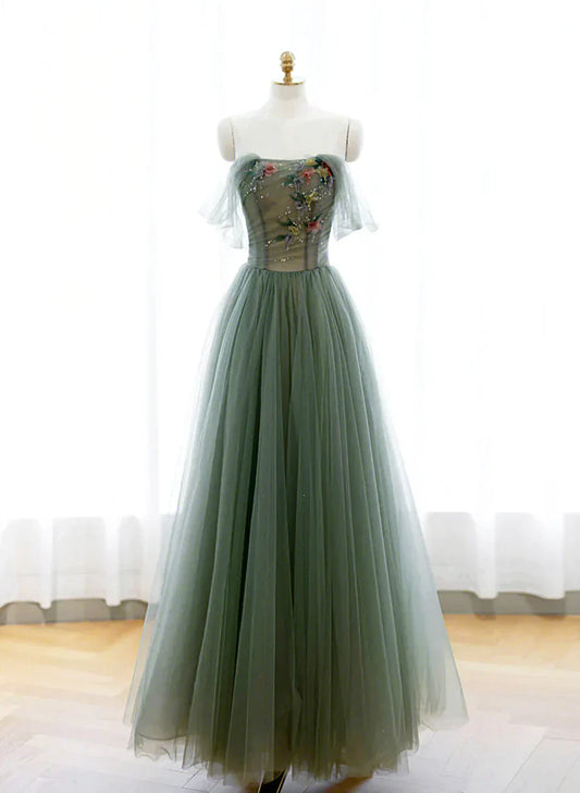 Green A-line Tulle with Lace Applique Long Formal Dress, Green Prom Dress