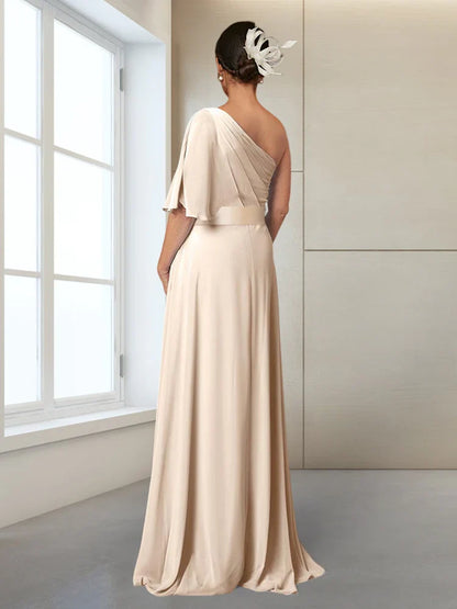 Slimming/Column One Shoulder Half Sleeve Split Mother of the bride dress