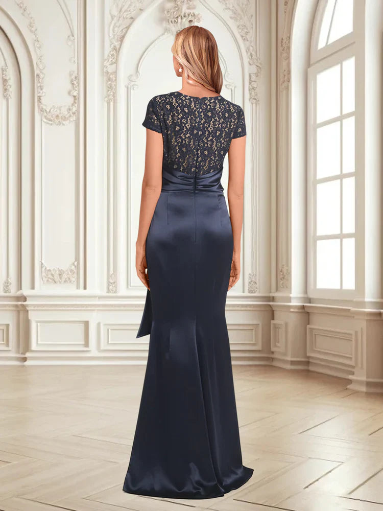 Horn/Fish Tail V-neck Short Sleeve with Belt Mother of the bride dress