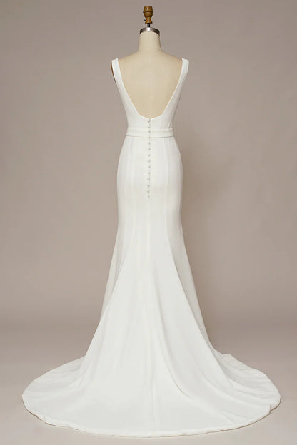White Mermaid Square Neck Long Dress Backless Wedding Dress