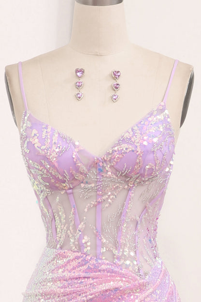 Light Purple Sequined Mermaid Long Corset Prom Dress With Slit Sparkly