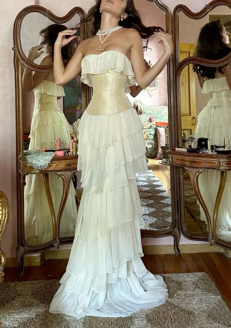 Vintage A line Strapless White Chiffon Long Prom Dresses P1771