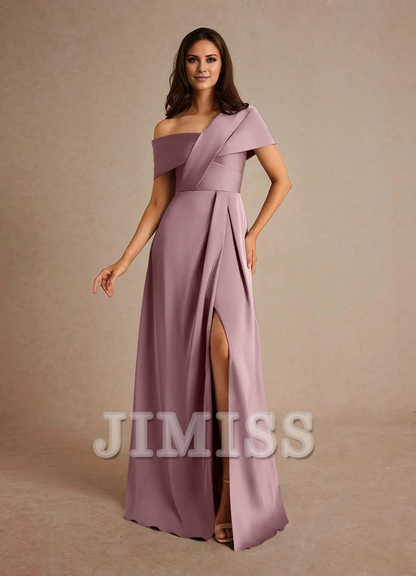 A-line pleated satin floor-length mother of the bride dress