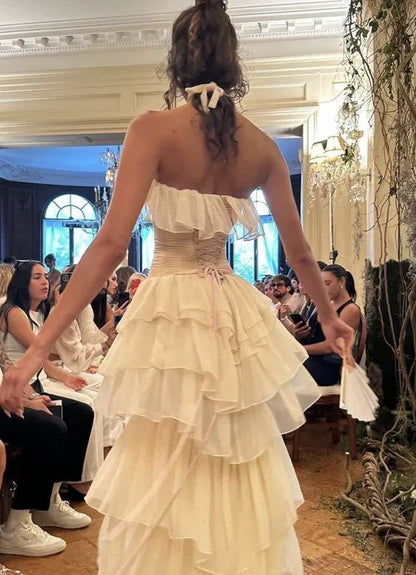 Vintage A line Strapless White Chiffon Long Prom Dresses P1771