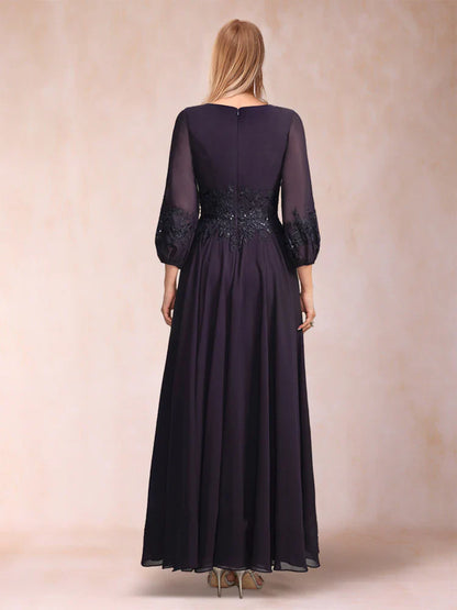A-line princess and ankle 3/4 sleeve V-neck mother of the bride dress