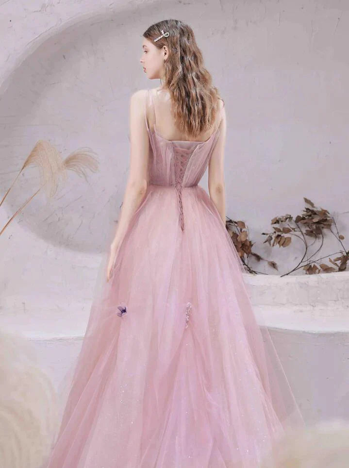 Pink Tulle with Beadings Spaghetti Strap Long Formal Dress, Pink Junior Prom Dress