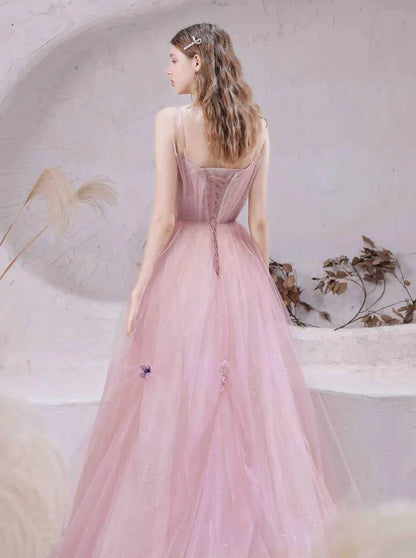 Pink Tulle with Beadings Spaghetti Strap Long Formal Dress, Pink Junior Prom Dress