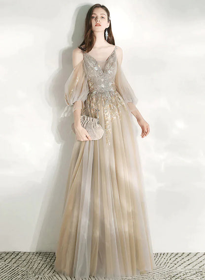 Light Champagne V-neckline Party Dress, A-line Long Prom Dress Evening Dress