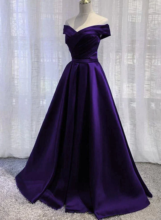 Purple Satin Off Shoulder Long Prom Dress, A-line Simple Purple Formal Dress