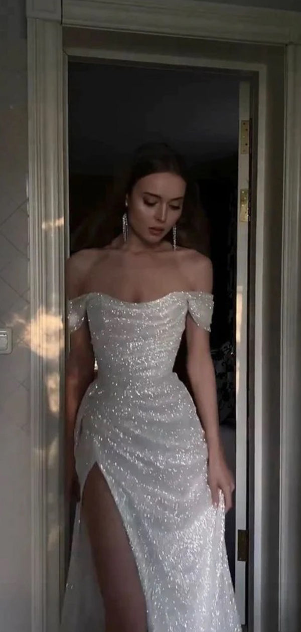 Sparkly Sequins Off Shoulder Side Slit Prom Dress, DB11034