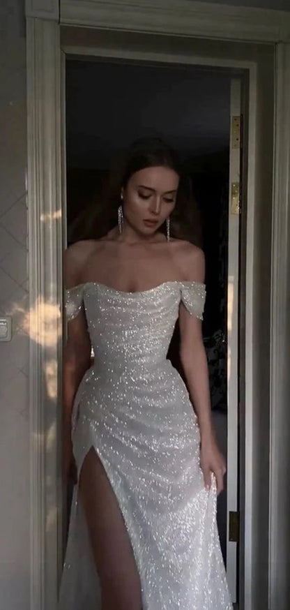 Sparkly Sequins Off Shoulder Side Slit Prom Dress, DB11034